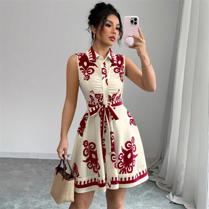New Arrival Summer Afro Chic Women Sleeveless Lapel Collar Printed Shirt Dress Ruched Front Self Tie Belt High Waist Flared Skirt Office Daily Cocktail Casual Short Dress