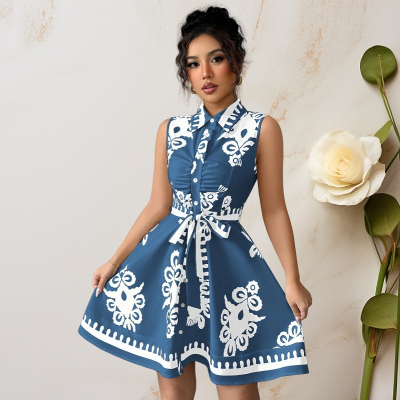 New Arrival Summer Afro Chic Women Sleeveless Lapel Collar Printed Shirt Dress Ruched Front Self Tie Belt High Waist Flared Skirt Office Daily Cocktail Casual Short Dress