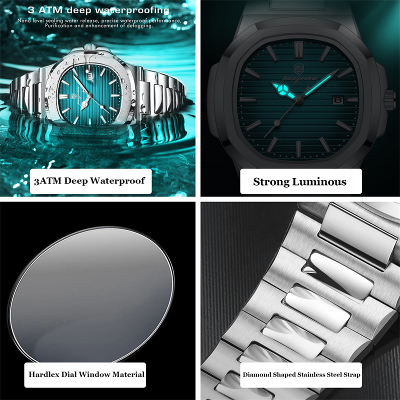 New Arrival Men's Octagonal Cushion Quartz Watch Striped Dial Single Calendar Waterproof Ultra Thin Stainless Steel Bracelet Minimalist Versatile Business Casual Male Wristwatch