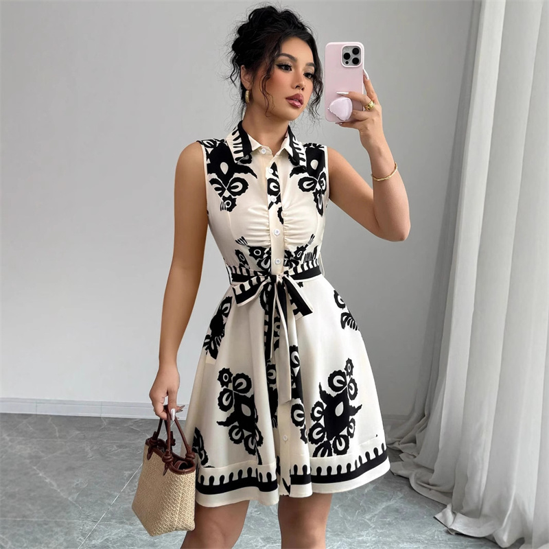 New Arrival Summer Afro Chic Women Sleeveless Lapel Collar Printed Shirt Dress Ruched Front Self Tie Belt High Waist Flared Skirt Office Daily Cocktail Casual Short Dress