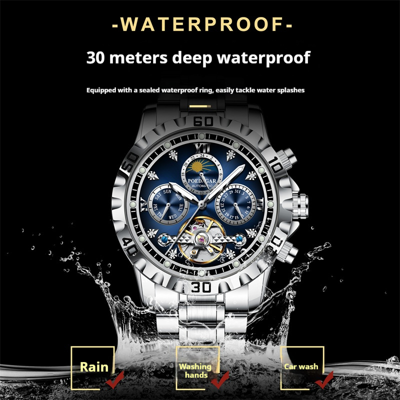 New Arrival POEDAGAR Men's Luxury Swiss Brand Tourbillon Mechanical Watch Multifunctional Sun Moon Phase Luminous Hands Waterproof Stainless Steel Bracelet Band High Grade Business Male Wristwatch