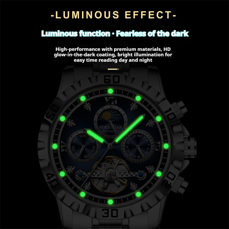 New Arrival POEDAGAR Men's Luxury Swiss Brand Tourbillon Mechanical Watch Multifunctional Sun Moon Phase Luminous Hands Waterproof Stainless Steel Bracelet Band High Grade Business Male Wristwatch
