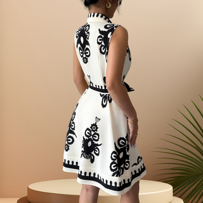 New Arrival Summer Afro Chic Women Sleeveless Lapel Collar Printed Shirt Dress Ruched Front Self Tie Belt High Waist Flared Skirt Office Daily Cocktail Casual Short Dress