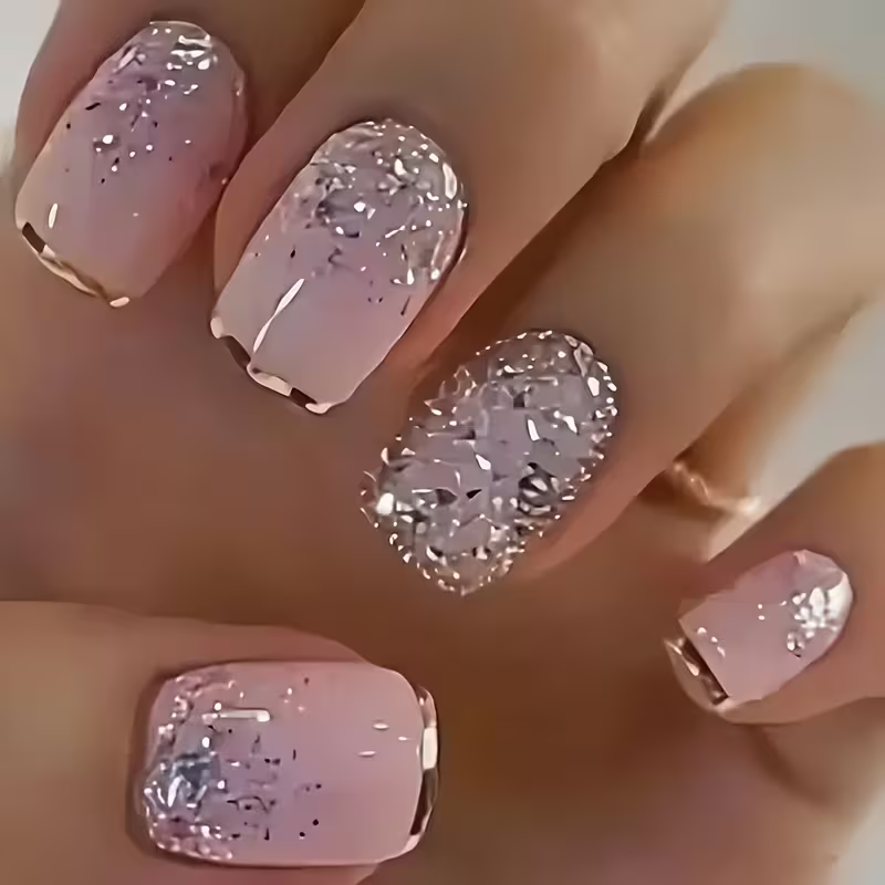 24pcs Pink Square Glitter Press-On Nails, Suitable for Women and for Holidays, Parties, Daily Wear, Easy to Remove, Reusable, Includes Jelly Glue and Nail File