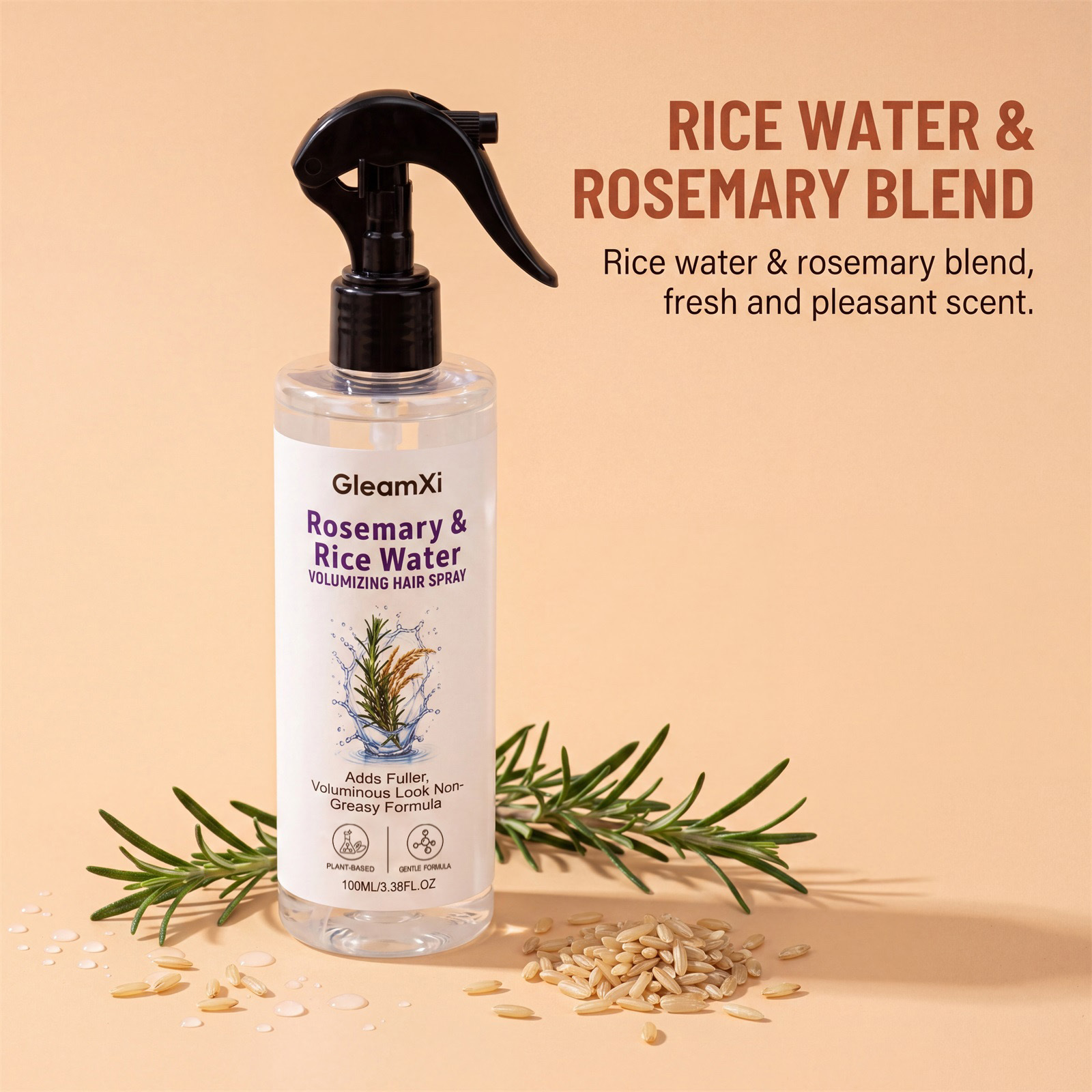 Rosemary & Rice Water Volumizing Hair Spray 100ml – Silicone-Free, Non-Greasy Leave-In Treatment for Fine & Flat Hair, Lightweight Fine Mist for Fuller, Bouncy & Smooth Hair, Refreshing Rosemary Scent