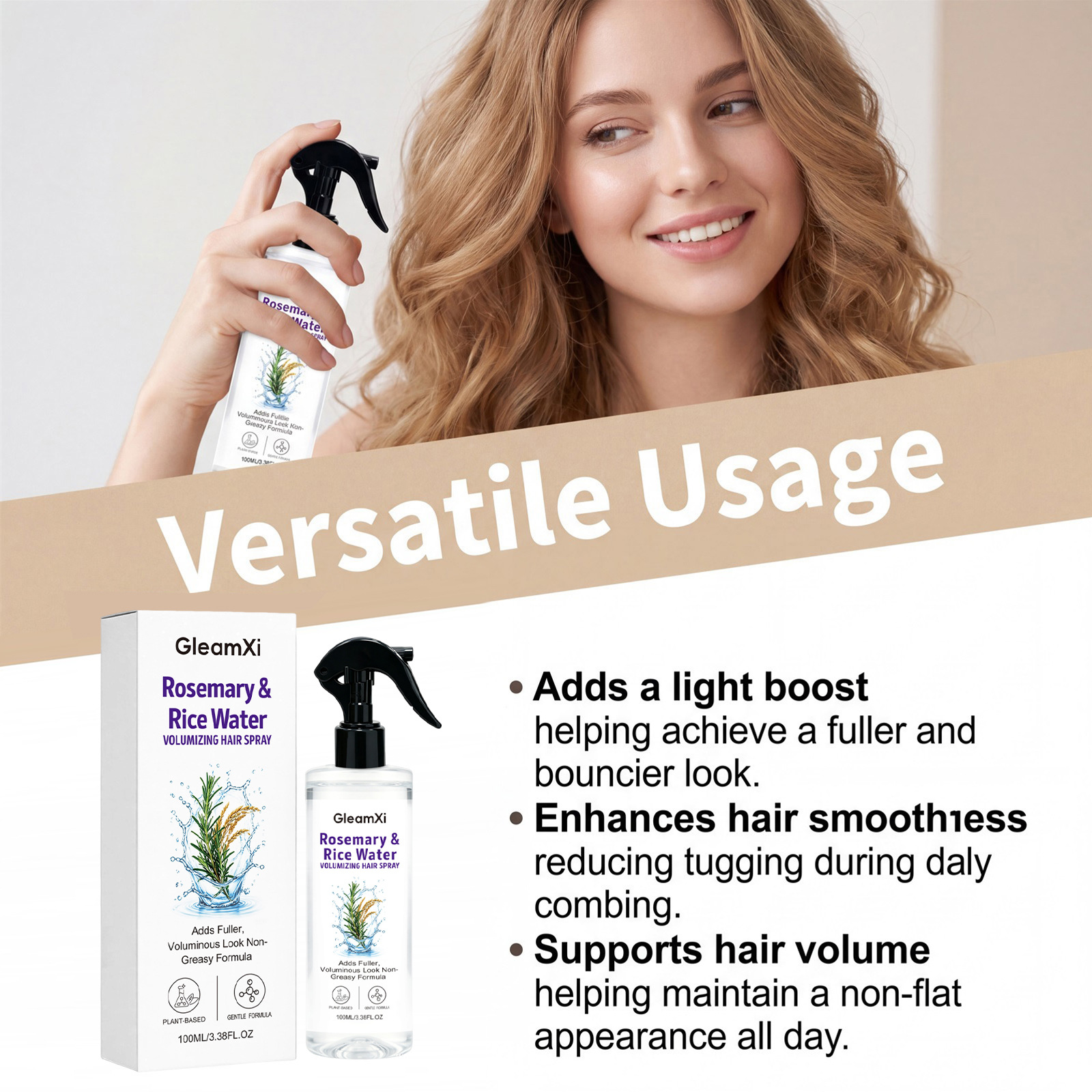 Rosemary & Rice Water Volumizing Hair Spray 100ml – Silicone-Free, Non-Greasy Leave-In Treatment for Fine & Flat Hair, Lightweight Fine Mist for Fuller, Bouncy & Smooth Hair, Refreshing Rosemary Scent