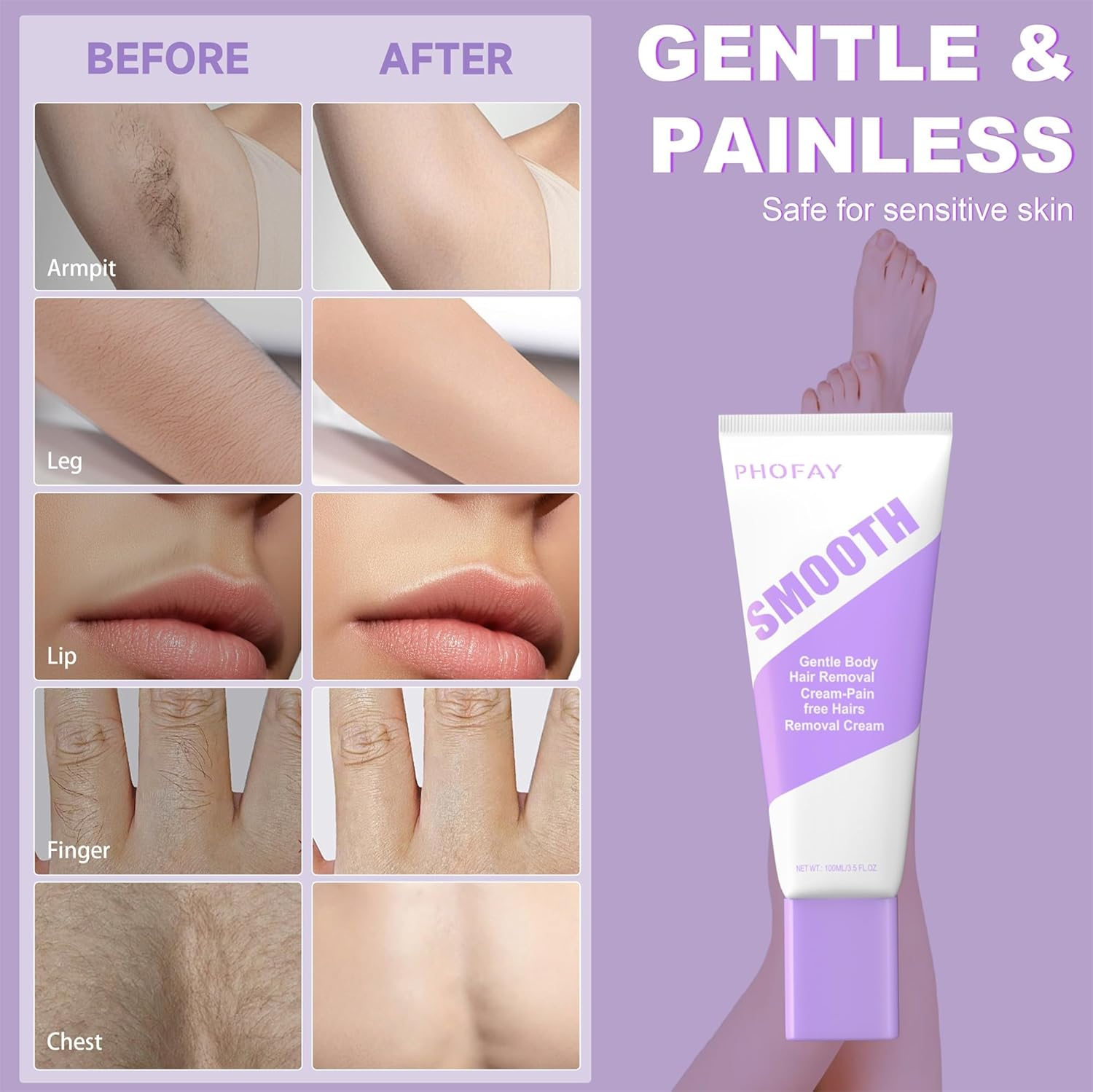 Hair Removal Cream for Men and Women Sensitive Skin– Fast-Acting Gentle Depilatory Dermatologist-Recommended with Aloe & Hyaluronic Acid Travel Size(100G)