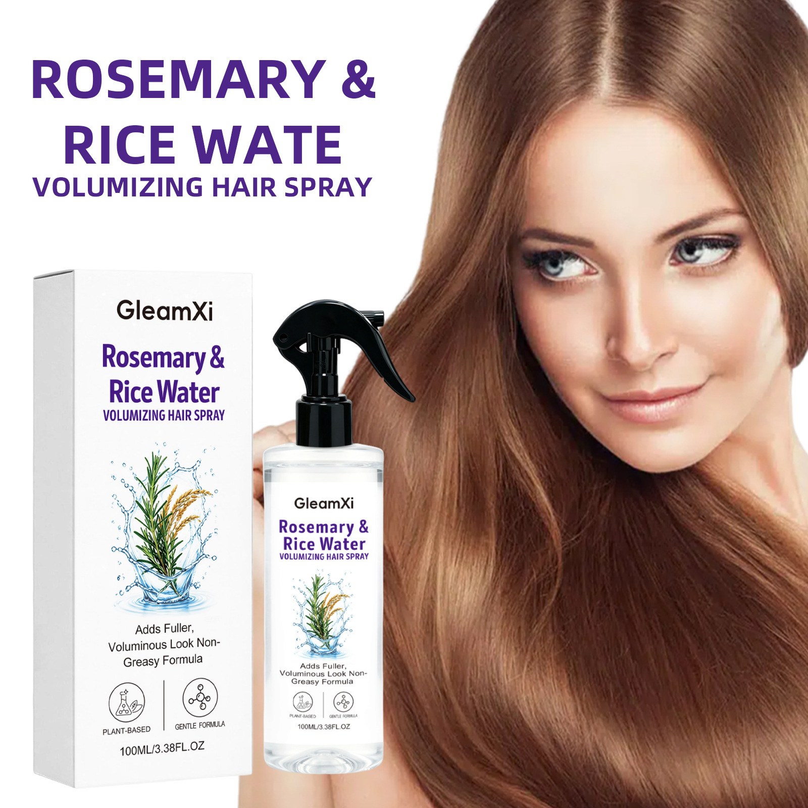 Rosemary & Rice Water Volumizing Hair Spray 100ml – Silicone-Free, Non-Greasy Leave-In Treatment for Fine & Flat Hair, Lightweight Fine Mist for Fuller, Bouncy & Smooth Hair, Refreshing Rosemary Scent