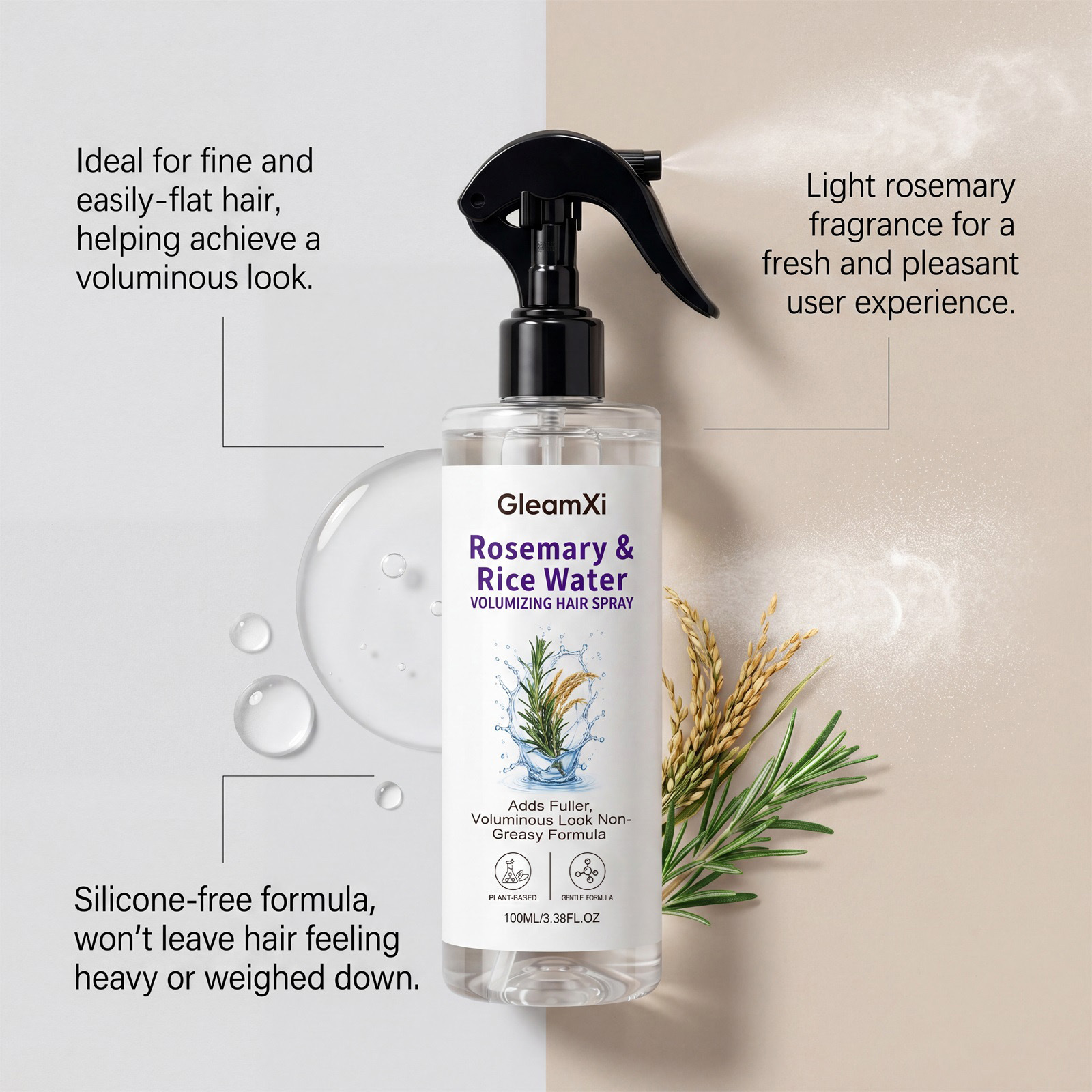 Rosemary & Rice Water Volumizing Hair Spray 100ml – Silicone-Free, Non-Greasy Leave-In Treatment for Fine & Flat Hair, Lightweight Fine Mist for Fuller, Bouncy & Smooth Hair, Refreshing Rosemary Scent