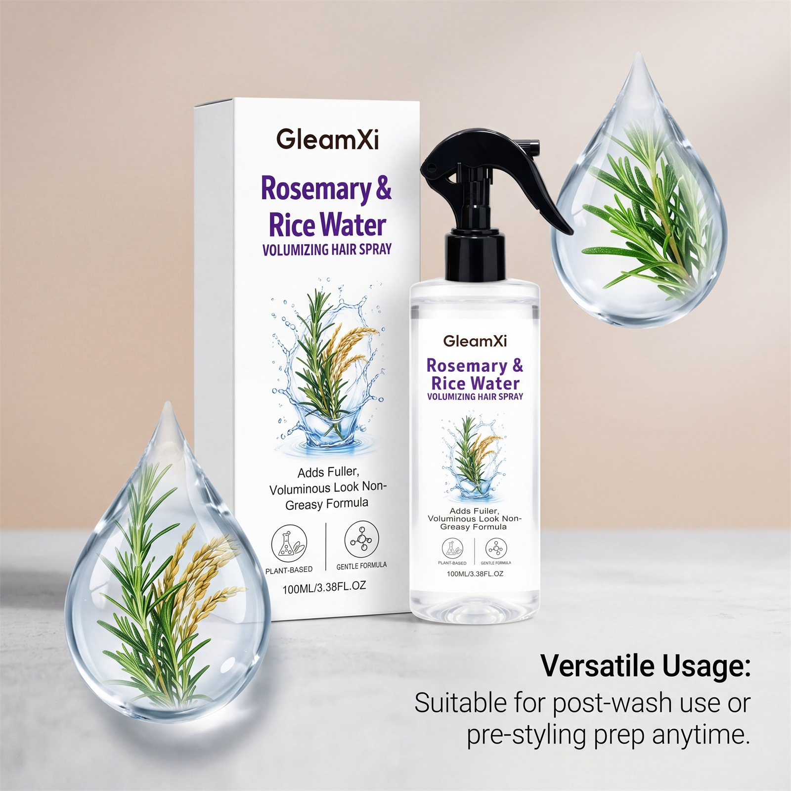 Rosemary & Rice Water Volumizing Hair Spray 100ml – Silicone-Free, Non-Greasy Leave-In Treatment for Fine & Flat Hair, Lightweight Fine Mist for Fuller, Bouncy & Smooth Hair, Refreshing Rosemary Scent