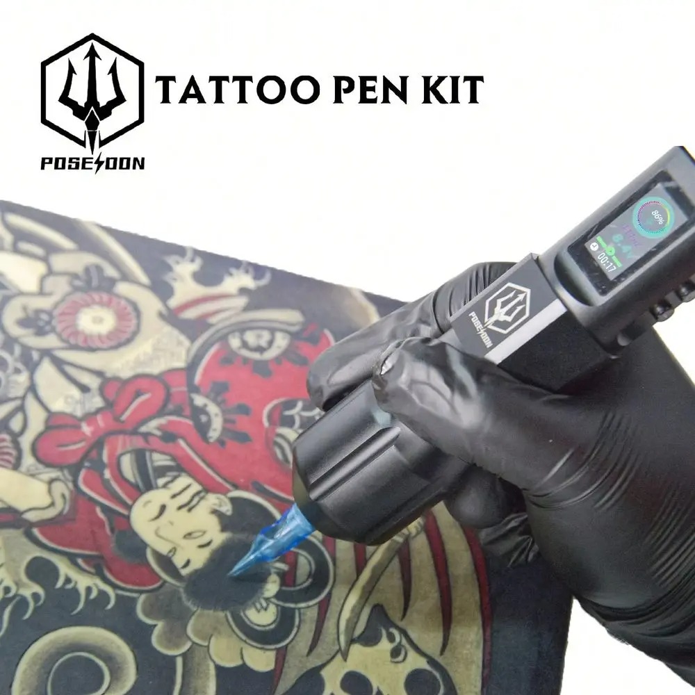 POSEIDON Tattoo Gun KitTattoo Pen With 20Pcs Tattoo Needles Cartridge And Wireless Power, Tattoo Pen Kit With Digital LED Displa