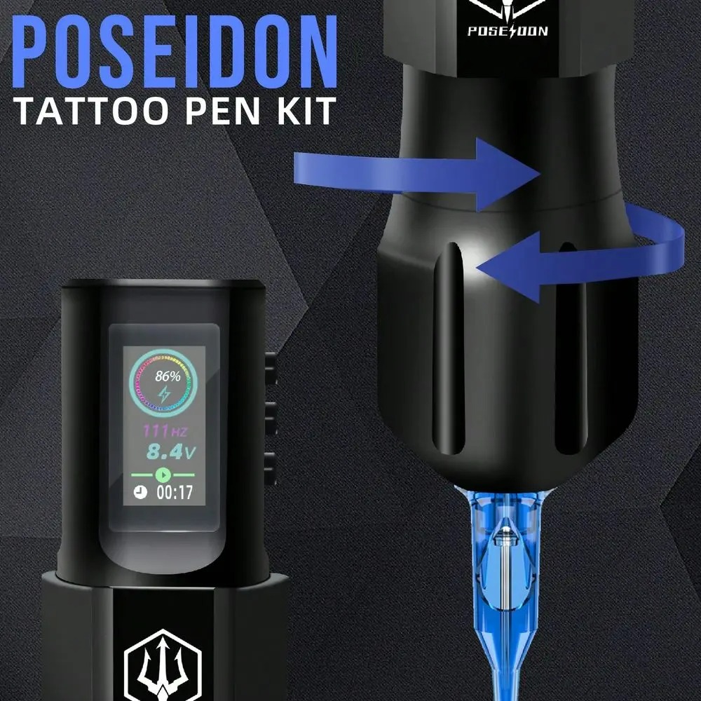 POSEIDON Tattoo Gun KitTattoo Pen With 20Pcs Tattoo Needles Cartridge And Wireless Power, Tattoo Pen Kit With Digital LED Displa