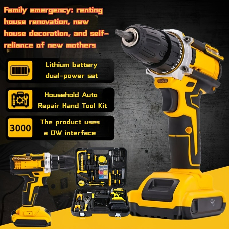 147Pcs Tool Set Cordless Impact Drill Kit With 2 Lithium Battery 45Nm Max Torque Built In LED Light For Home Renovation Woodworking Furniture Assembly Metal Drilling Car Repair Motorcycle Repair