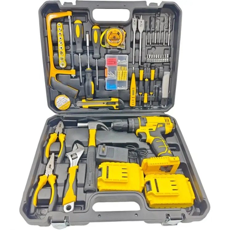 147Pcs Tool Set Cordless Impact Drill Kit With 2 Lithium Battery 45Nm Max Torque Built In LED Light For Home Renovation Woodworking Furniture Assembly Metal Drilling Car Repair Motorcycle Repair
