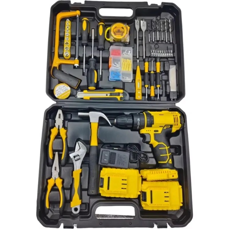 147Pcs Tool Set Cordless Impact Drill Kit With 2 Lithium Battery 45Nm Max Torque Built In LED Light For Home Renovation Woodworking Furniture Assembly Metal Drilling Car Repair Motorcycle Repair