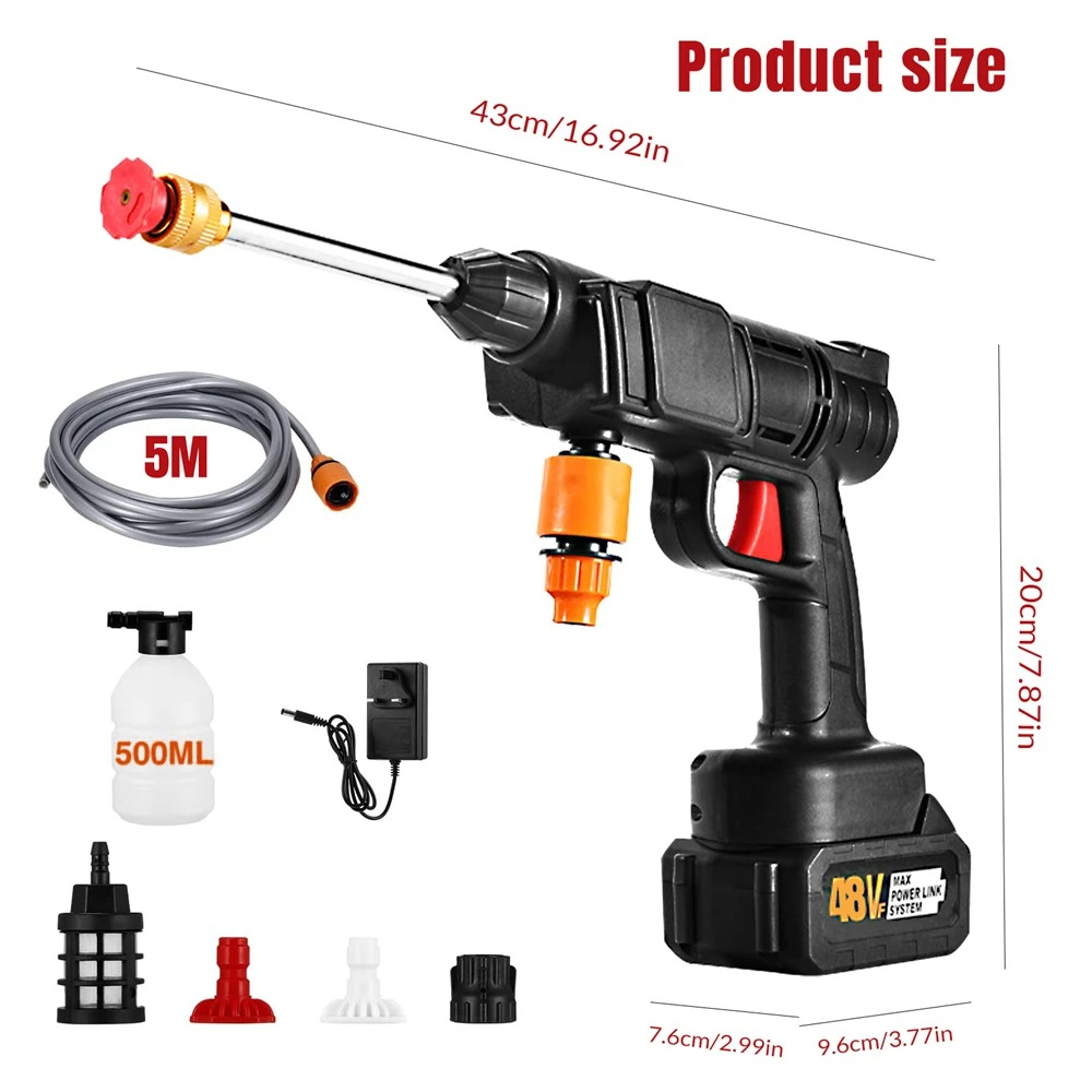 2 Batteries Set Cordless High Pressure Car Washer Sprayer Water Gun Motor Foam Generator Washing Machine for Home Floor Garden Spray with 2*Batteries