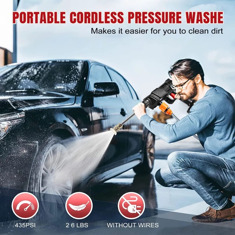 2 Batteries Set Cordless High Pressure Car Washer Sprayer Water Gun Motor Foam Generator Washing Machine for Home Floor Garden Spray with 2*Batteries