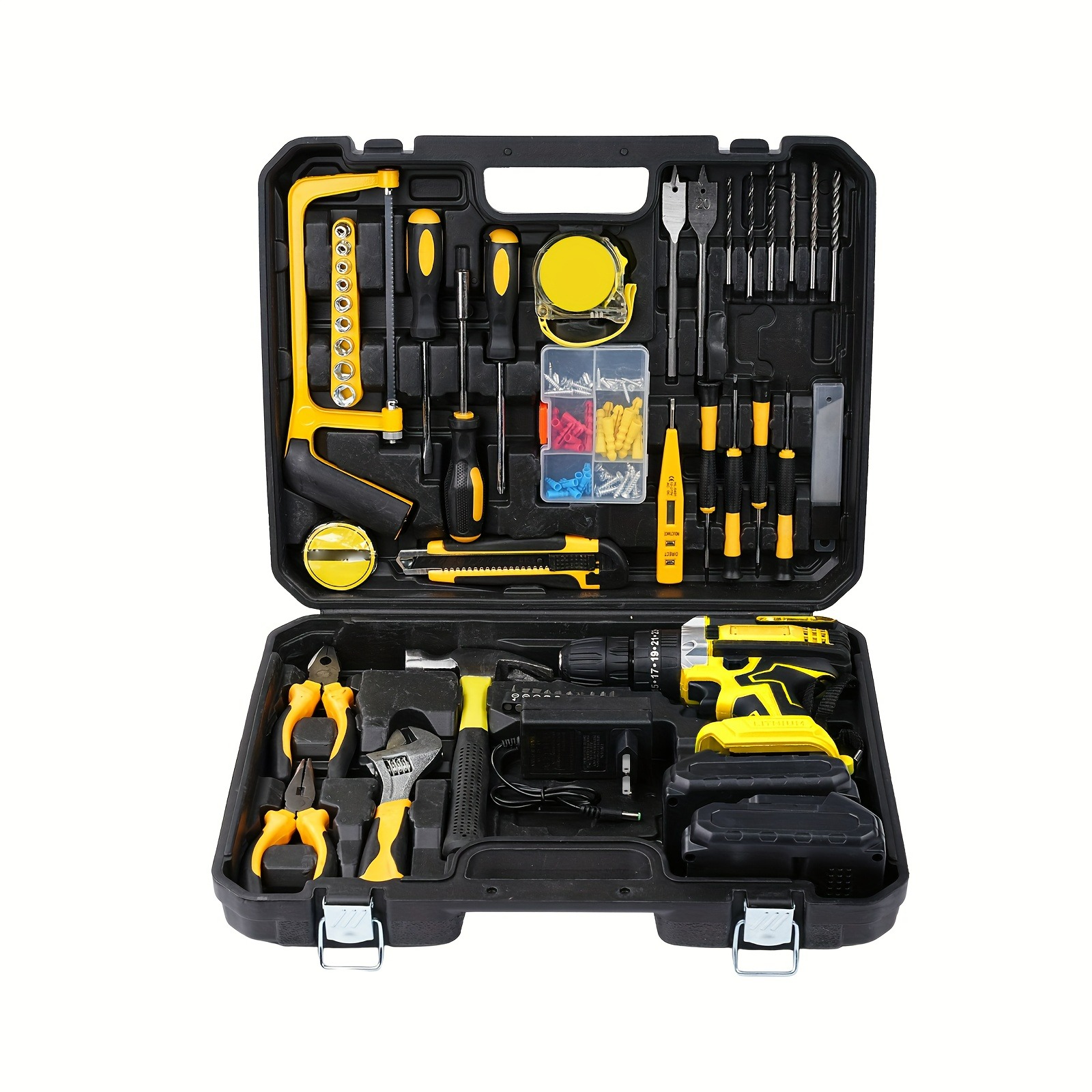 147Pcs Tool Set Cordless Impact Drill Kit With 2 Lithium Battery 45Nm Max Torque Built In LED Light For Home Renovation Woodworking Furniture Assembly Metal Drilling Car Repair Motorcycle Repair