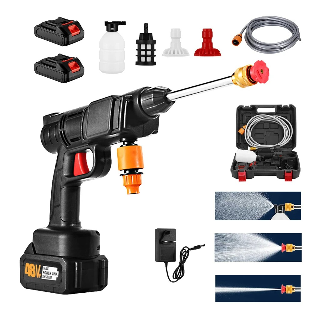 2 Batteries Set Cordless High Pressure Car Washer Sprayer Water Gun Motor Foam Generator Washing Machine for Home Floor Garden Spray with 2*Batteries