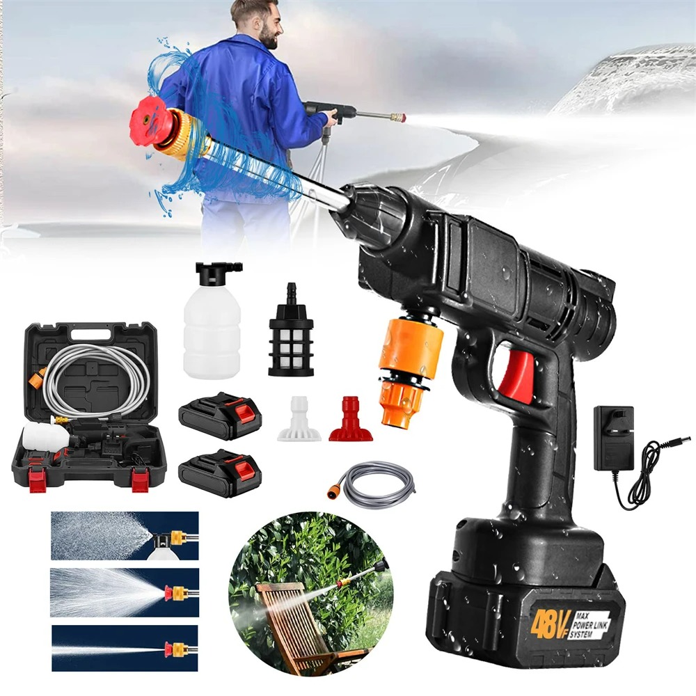 2 Batteries Set Cordless High Pressure Car Washer Sprayer Water Gun Motor Foam Generator Washing Machine for Home Floor Garden Spray with 2*Batteries