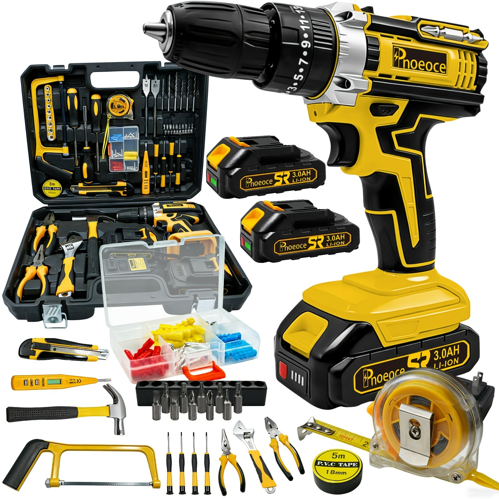 147Pcs Tool Set Cordless Impact Drill Kit With 2 Lithium Battery 45Nm Max Torque Built In LED Light For Home Renovation Woodworking Furniture Assembly Metal Drilling Car Repair Motorcycle Repair