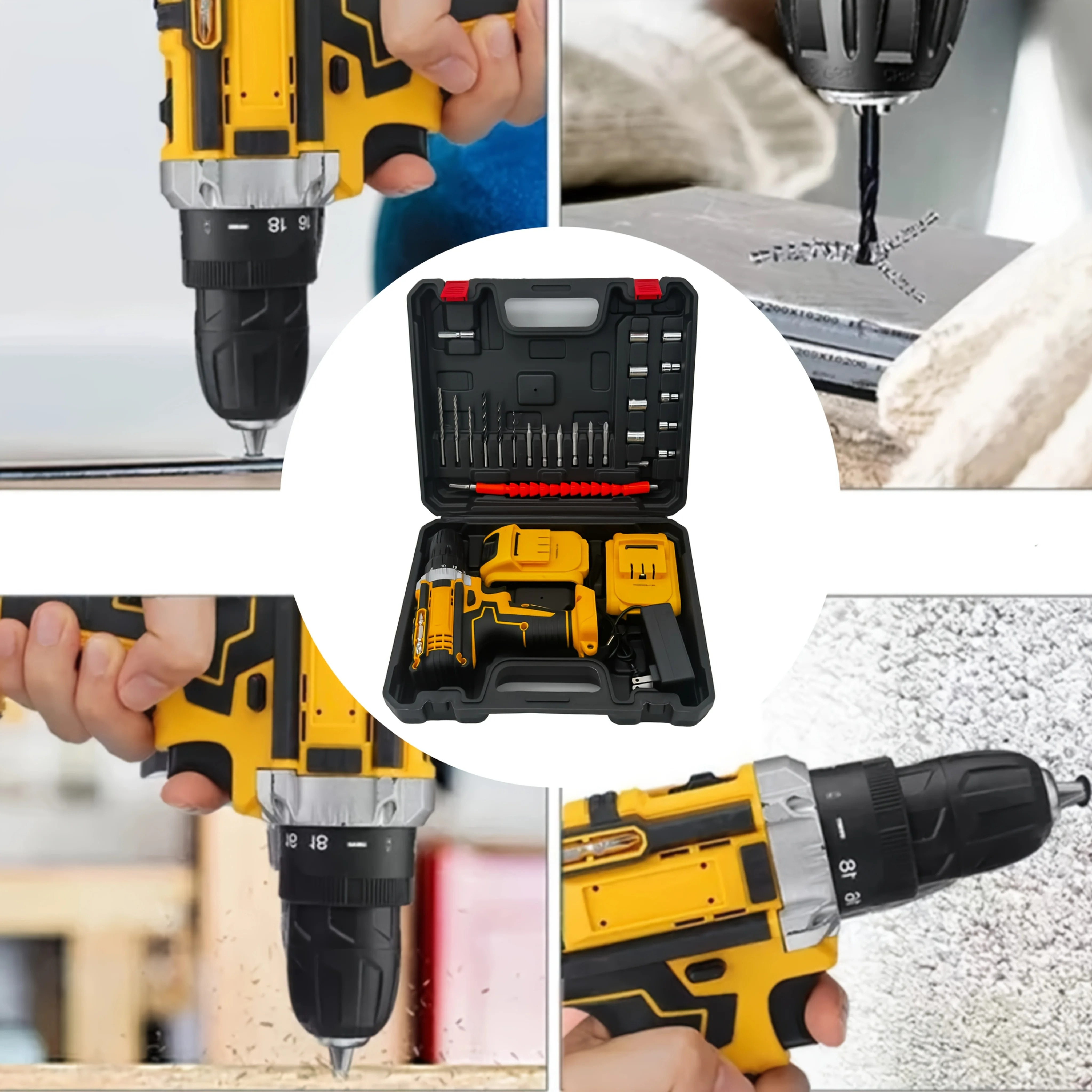 Drill Set of Accessories With Lithium Battery, Impact Drill, Screwdriver, Drill Set Toolbox Adjustable Speed Charging Drill Set Suitable for Home Decoration Car Repair Motorcycle Repair