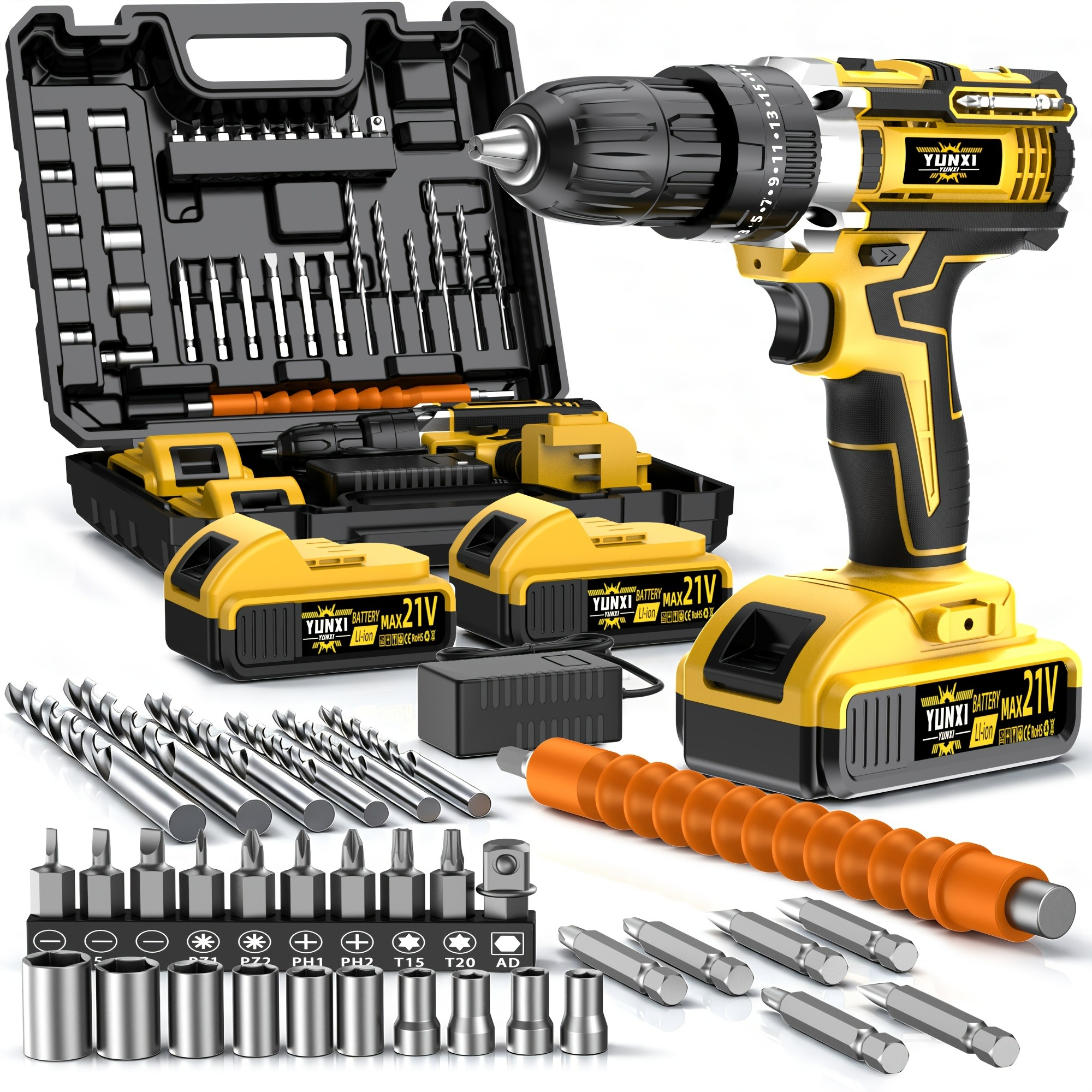Drill Set of Accessories With Lithium Battery, Impact Drill, Screwdriver, Drill Set Toolbox Adjustable Speed Charging Drill Set Suitable for Home Decoration Car Repair Motorcycle Repair