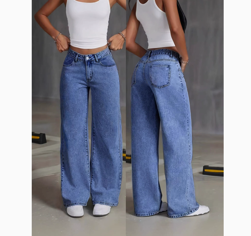 Fashion Ladies Casual  Jeans  High Waist Button Down Wide Leg Pants With Pockets Office Lady Solid Draped Straight Pants ladies trousers girl clothes Local fast delivery