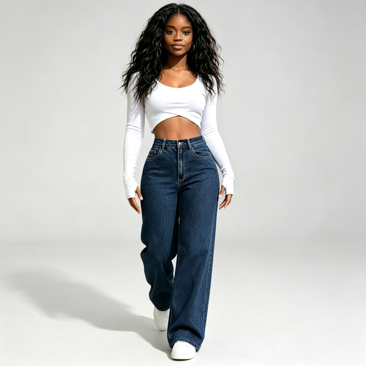 WomenTrousers Girl High‑Waist Dark Blue Wide‑Leg Jeans,Loose Straight‑Leg  Denim Pants clothes  Local fast delivery