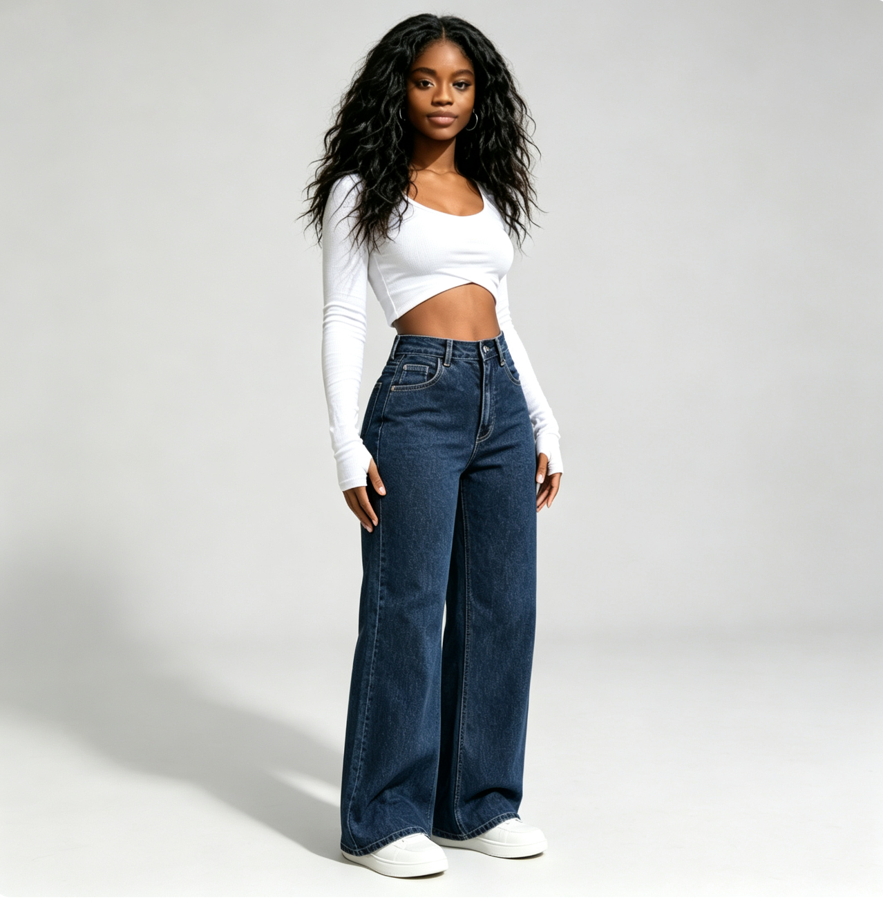 WomenTrousers Girl High‑Waist Dark Blue Wide‑Leg Jeans,Loose Straight‑Leg  Denim Pants clothes  Local fast delivery