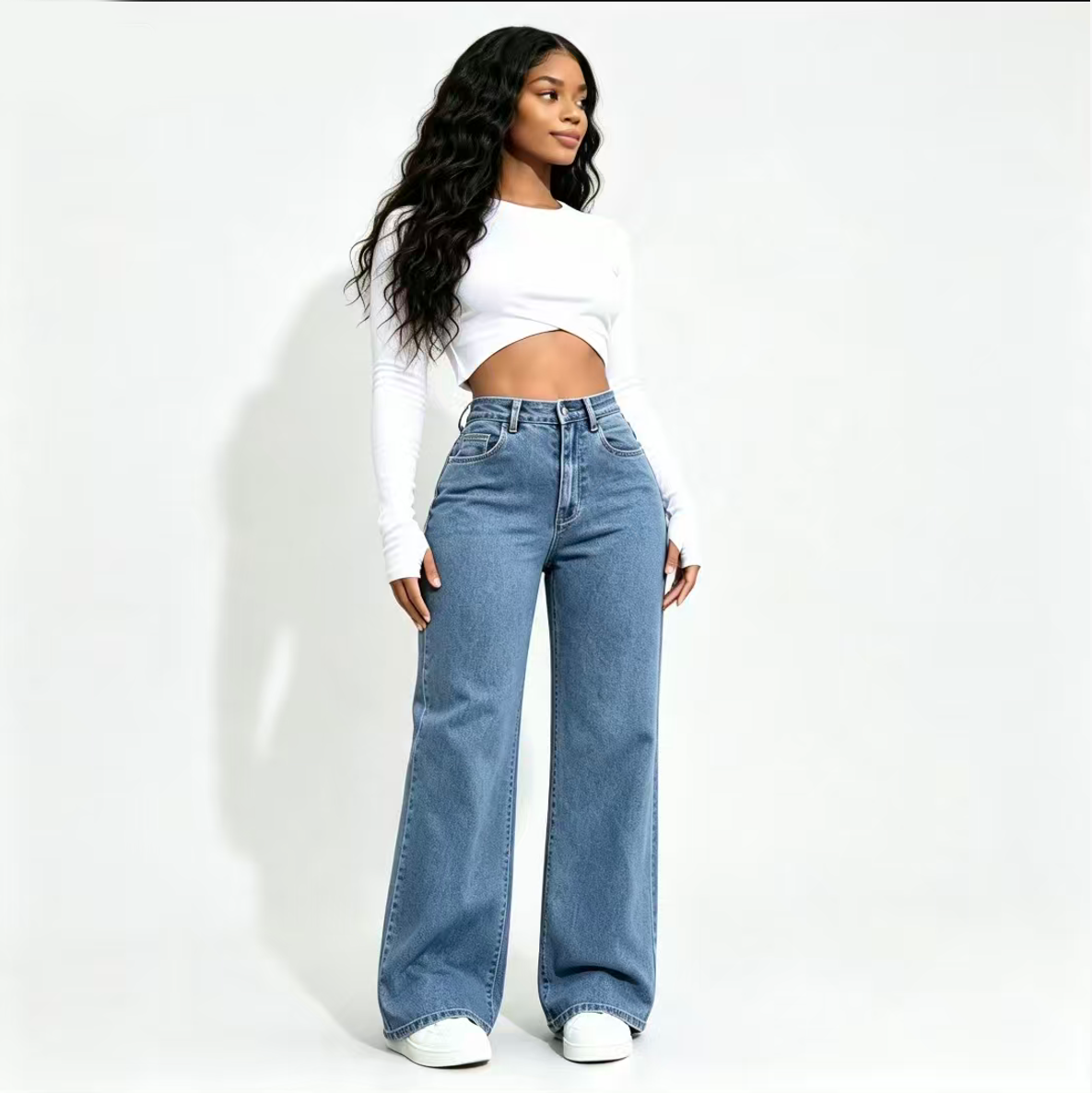 Fashion Ladies Casual  Jeans  High Waist Button Down Wide Leg Pants With Pockets Office Lady Solid Draped Straight Pants ladies trousers girl clothes Local fast delivery