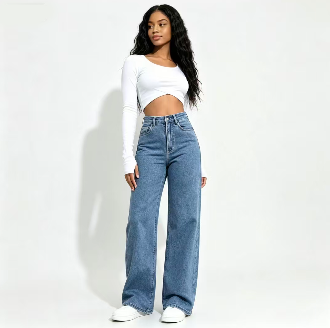 Fashion Ladies Casual  Jeans  High Waist Button Down Wide Leg Pants With Pockets Office Lady Solid Draped Straight Pants ladies trousers girl clothes Local fast delivery