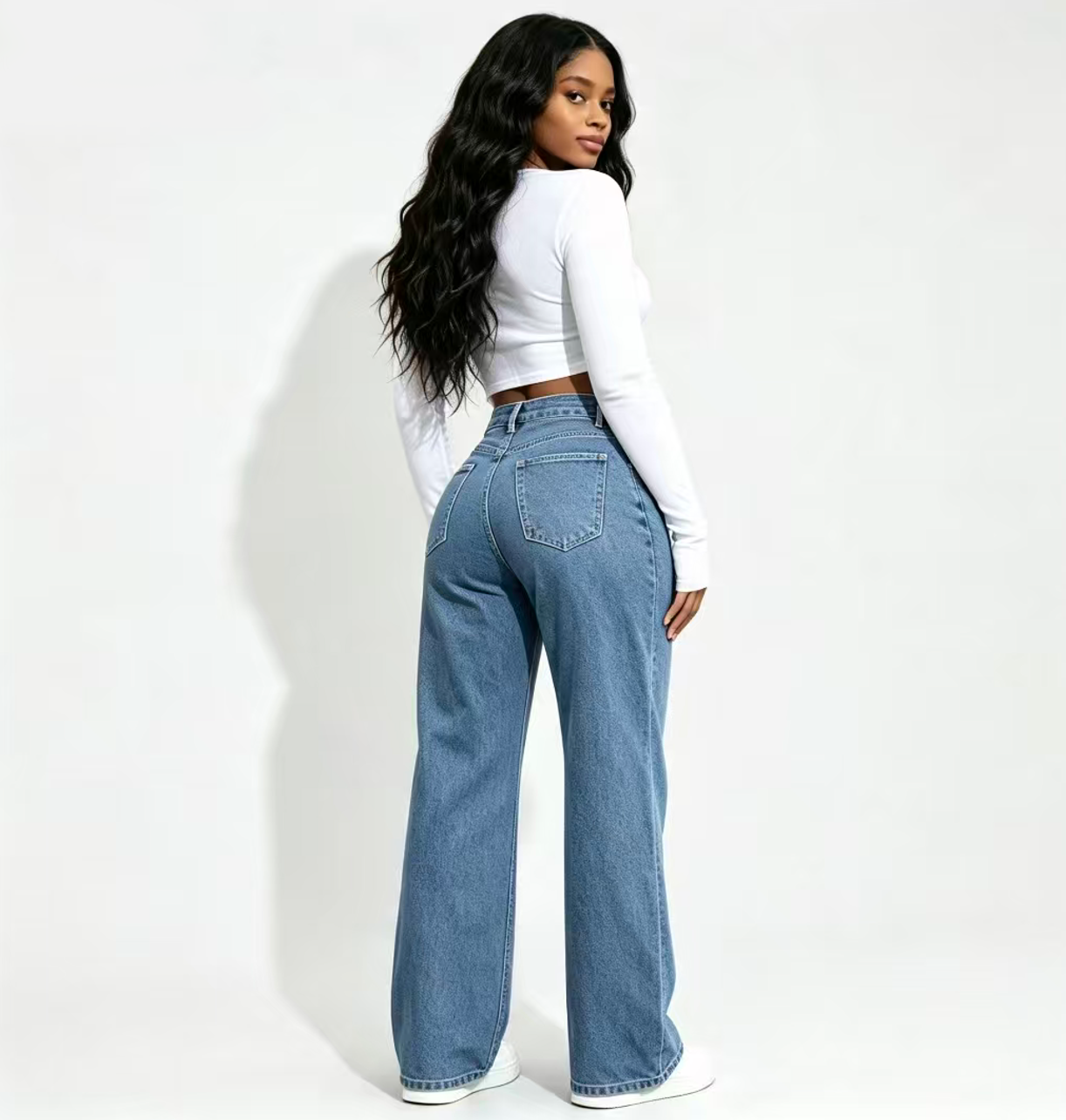Fashion Ladies Casual  Jeans  High Waist Button Down Wide Leg Pants With Pockets Office Lady Solid Draped Straight Pants ladies trousers girl clothes Local fast delivery