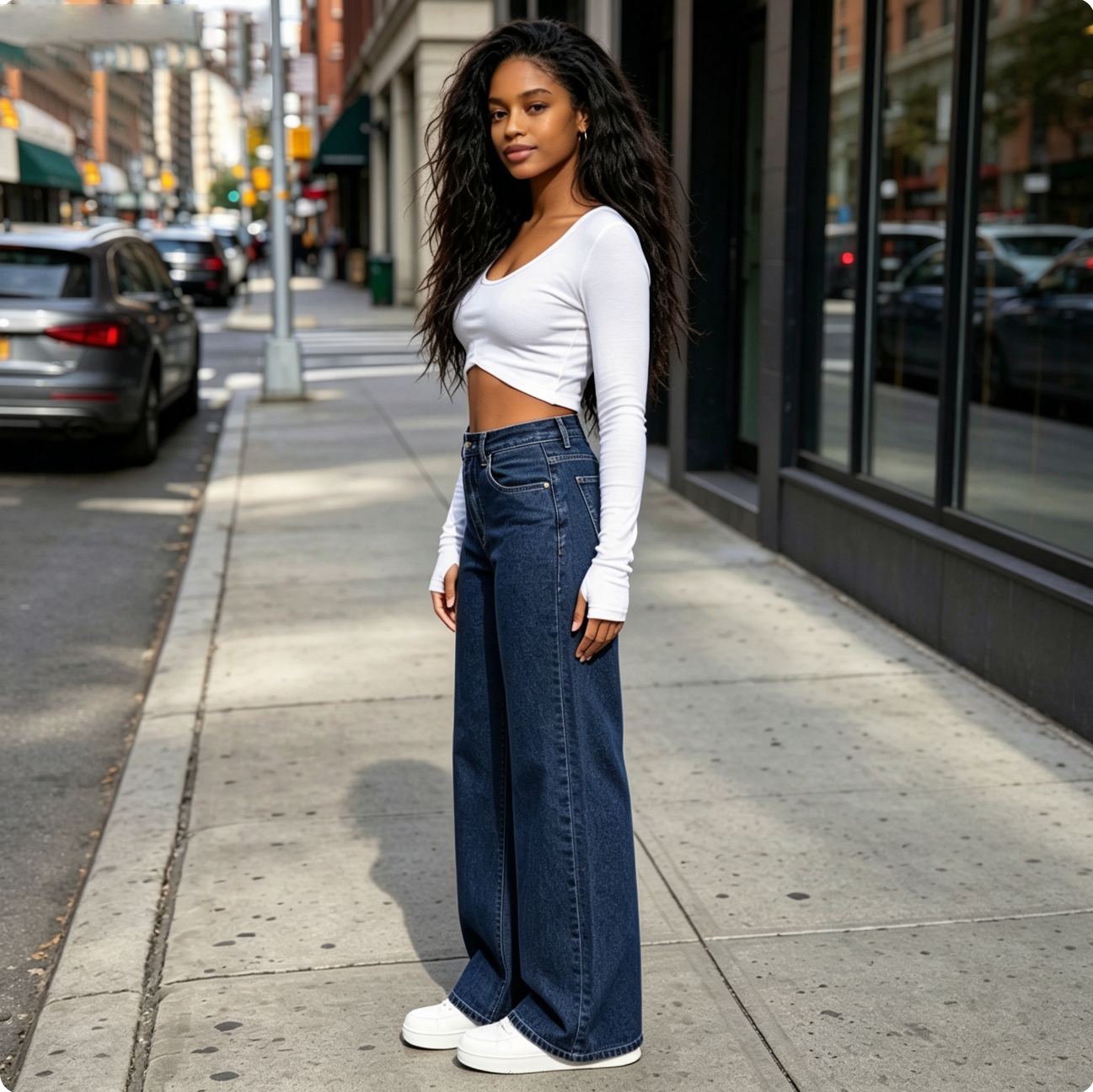 WomenTrousers Girl High‑Waist Dark Blue Wide‑Leg Jeans,Loose Straight‑Leg  Denim Pants clothes  Local fast delivery