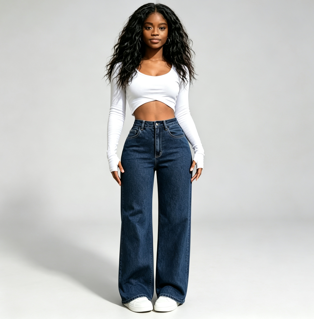WomenTrousers Girl High‑Waist Dark Blue Wide‑Leg Jeans,Loose Straight‑Leg  Denim Pants clothes  Local fast delivery
