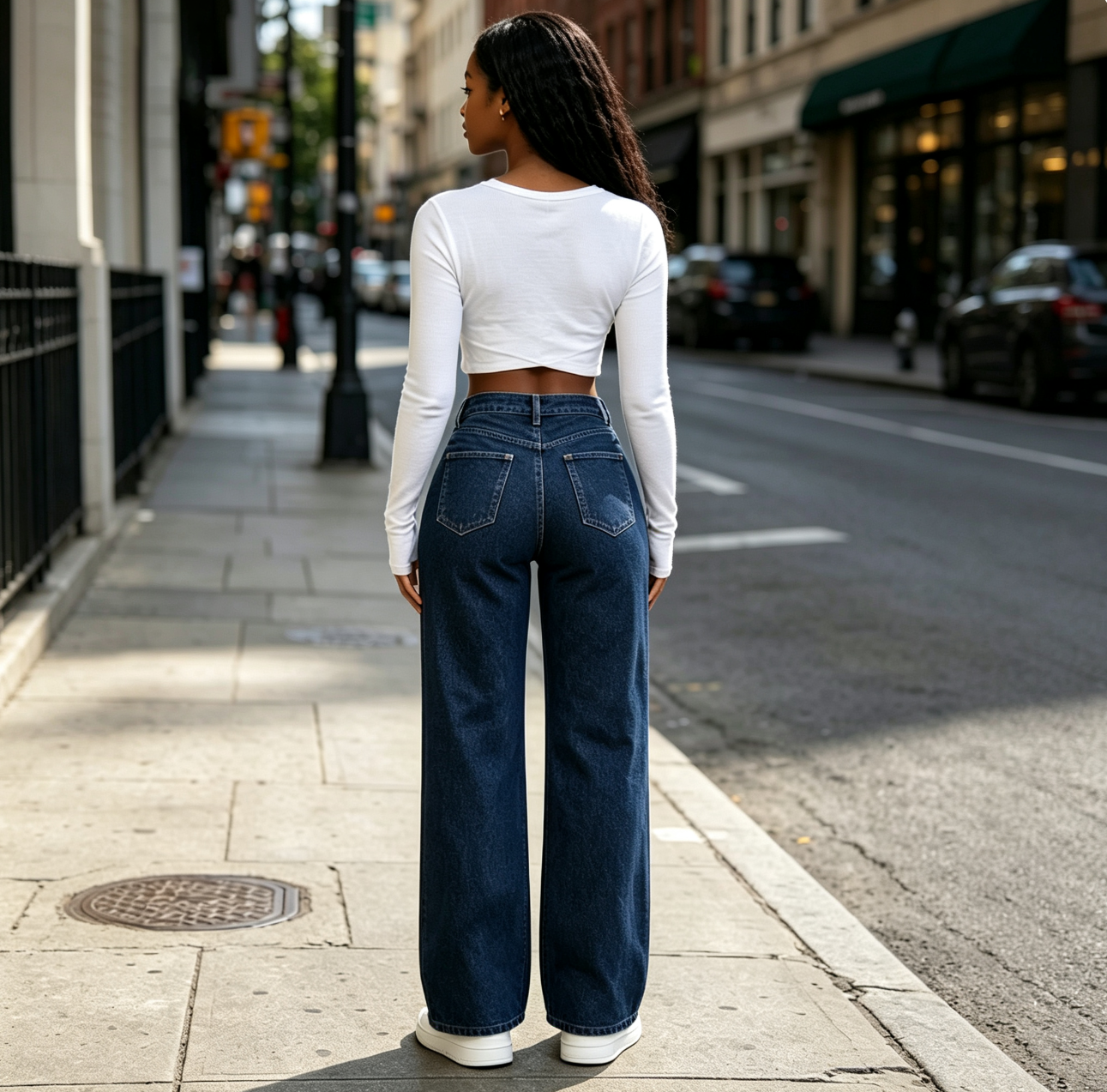WomenTrousers Girl High‑Waist Dark Blue Wide‑Leg Jeans,Loose Straight‑Leg  Denim Pants clothes  Local fast delivery