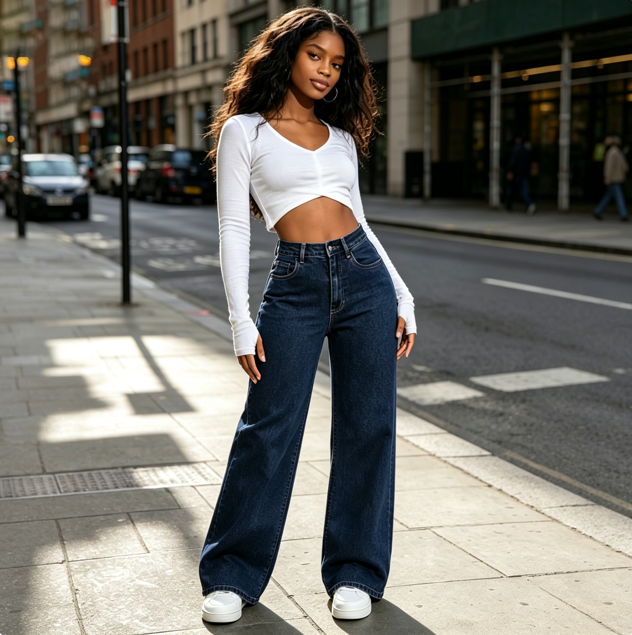 WomenTrousers Girl High‑Waist Dark Blue Wide‑Leg Jeans,Loose Straight‑Leg  Denim Pants clothes  Local fast delivery