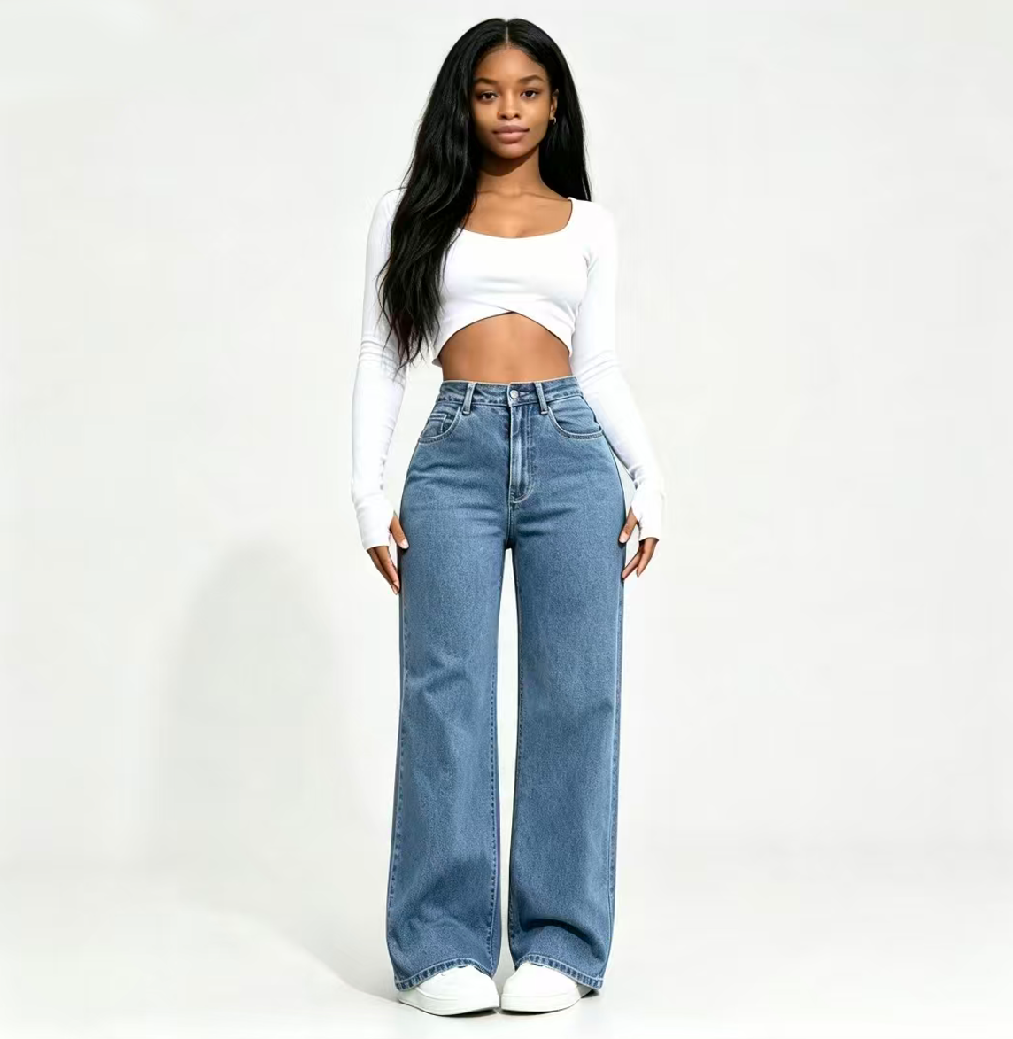 Fashion Ladies Casual  Jeans  High Waist Button Down Wide Leg Pants With Pockets Office Lady Solid Draped Straight Pants ladies trousers girl clothes Local fast delivery