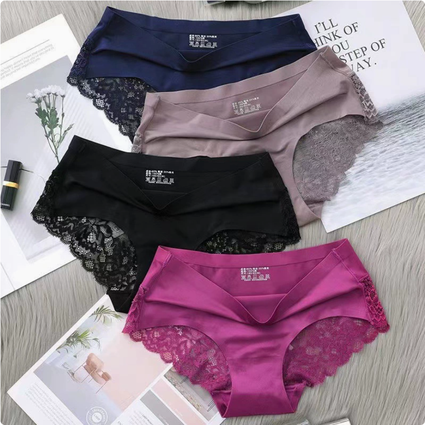 4 Pcs Women Underwear Lace Panties Woman Clothes Mid Waisted Hollow Out Transparent Mesh
