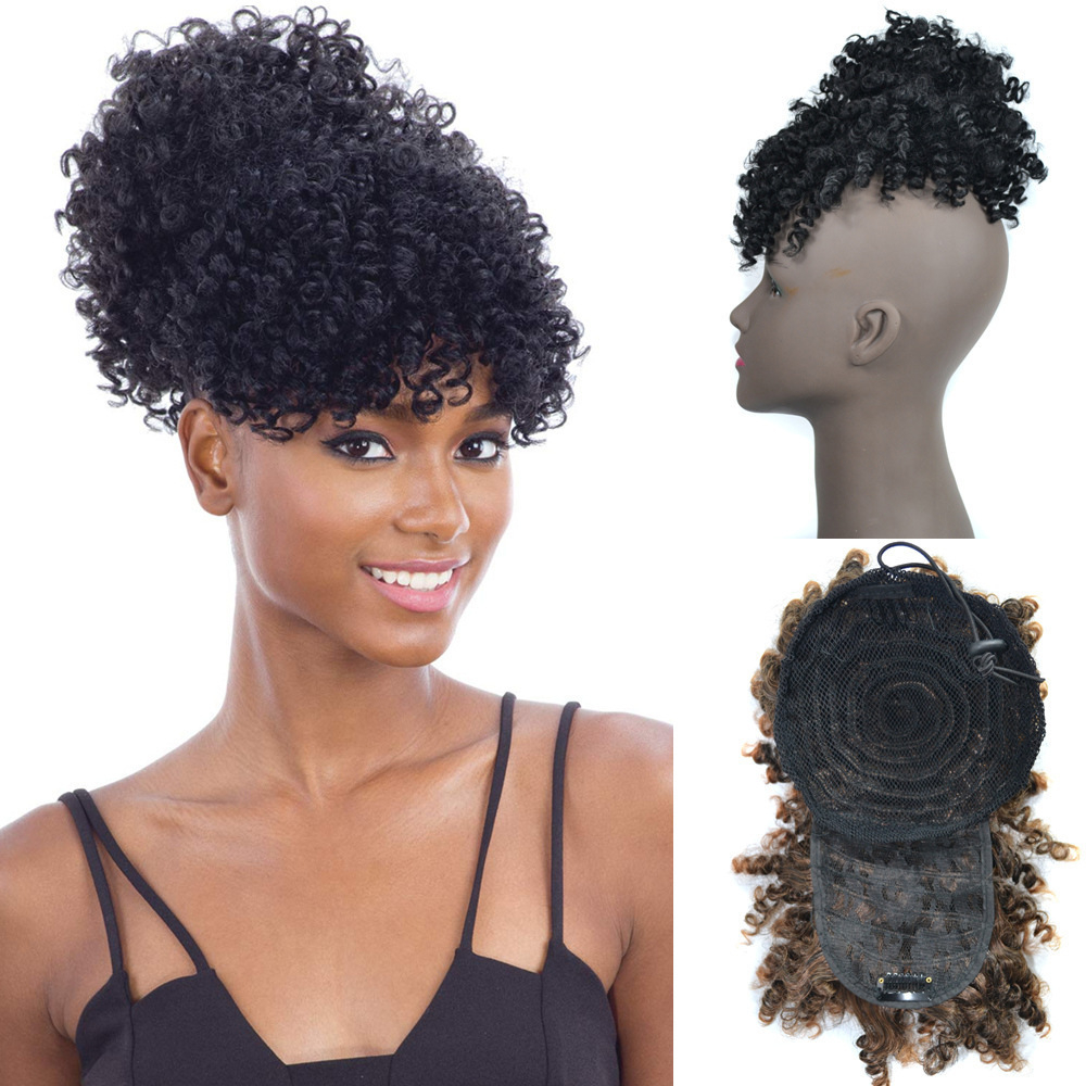 Short Curly Puff Wig with Bangs Women Wigs for Lady Natural Kinky Curly Hairpiece Short Wigs Fluffy Clip In Hair Bun Women Gift