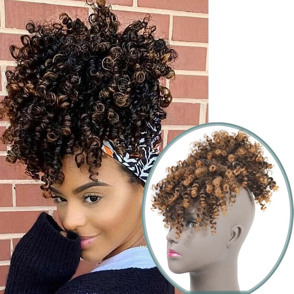 Short Curly Puff Wig with Bangs Women Wigs for Lady Natural Kinky Curly Hairpiece Short Wigs Fluffy Clip In Hair Bun Women Gift