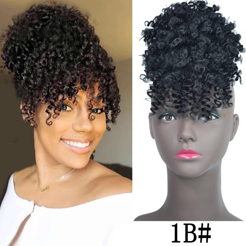 Short Curly Puff Wig with Bangs Women Wigs for Lady Natural Kinky Curly Hairpiece Short Wigs Fluffy Clip In Hair Bun Women Gift