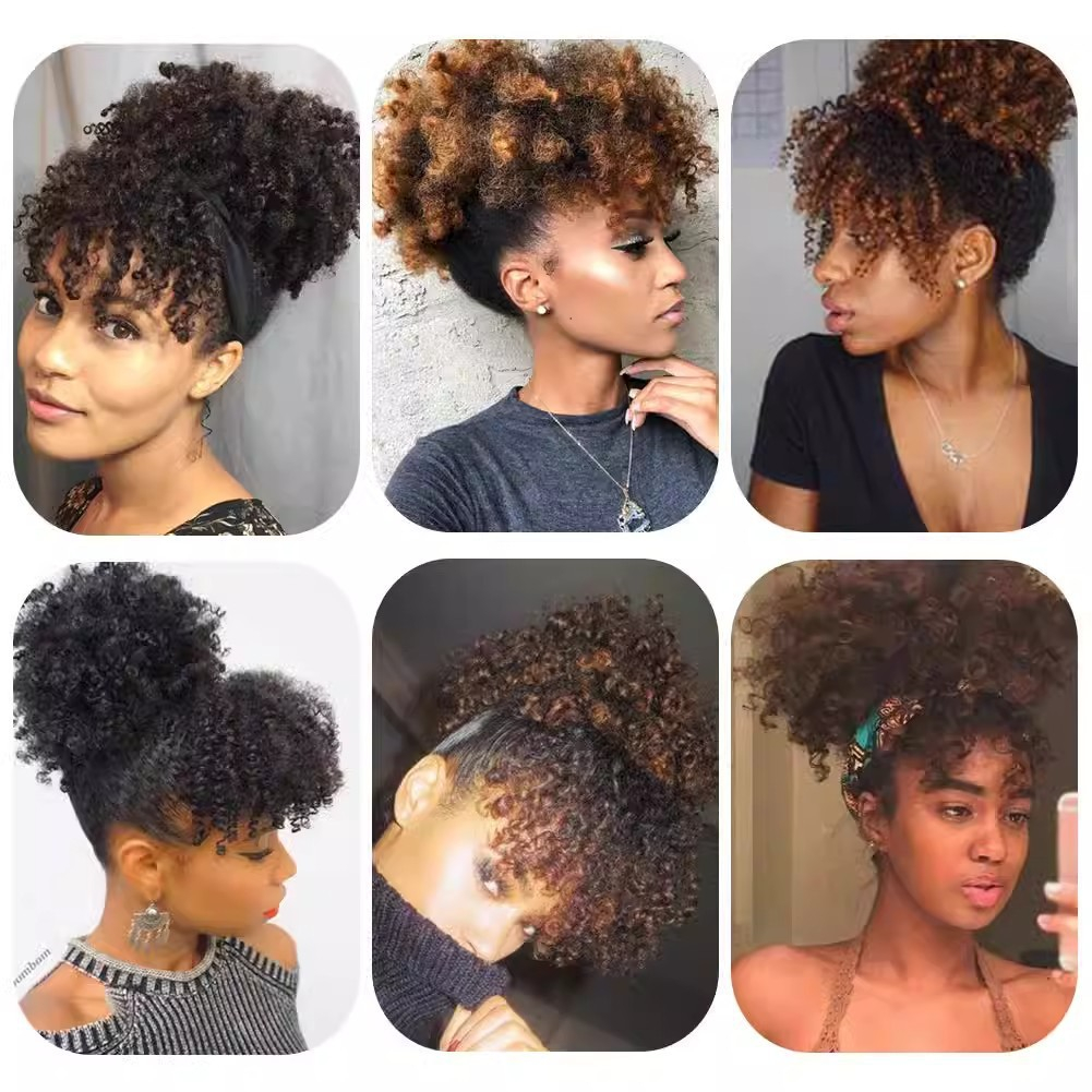 Short Curly Puff Wig with Bangs Women Wigs for Lady Natural Kinky Curly Hairpiece Short Wigs Fluffy Clip In Hair Bun Women Gift