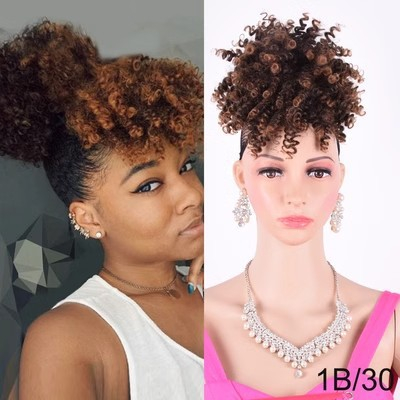 Short Curly Puff Wig with Bangs Women Wigs for Lady Natural Kinky Curly Hairpiece Short Wigs Fluffy Clip In Hair Bun Women Gift