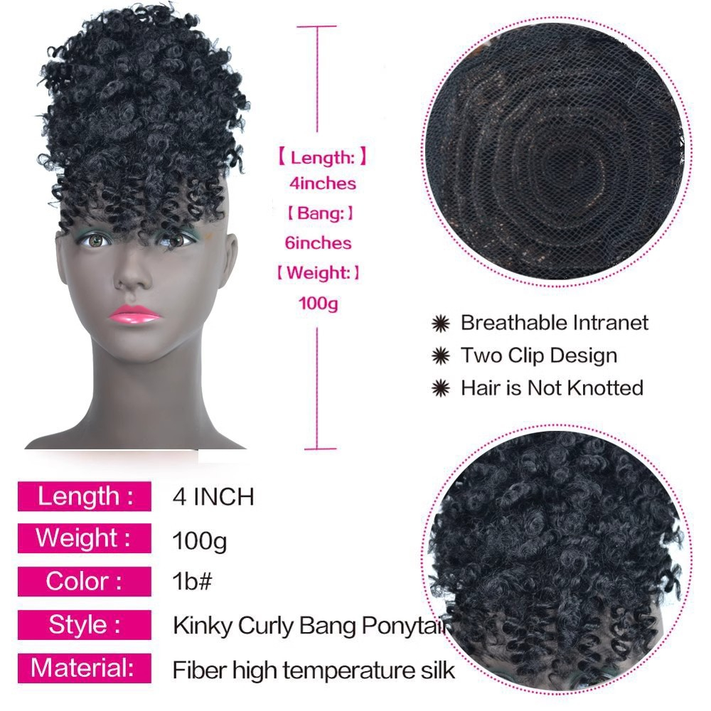 Short Curly Puff Wig with Bangs Women Wigs for Lady Natural Kinky Curly Hairpiece Short Wigs Fluffy Clip In Hair Bun Women Gift