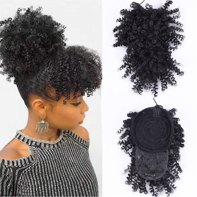 Short Curly Puff Wig with Bangs Women Wigs for Lady Natural Kinky Curly Hairpiece Short Wigs Fluffy Clip In Hair Bun Women Gift