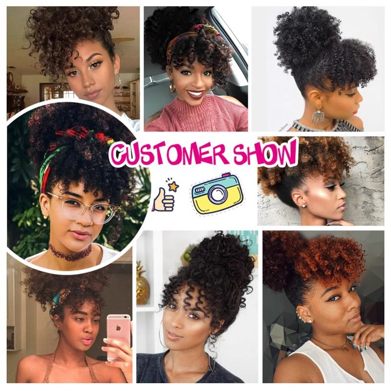 Short Curly Puff Wig with Bangs Women Wigs for Lady Natural Kinky Curly Hairpiece Short Wigs Fluffy Clip In Hair Bun Women Gift