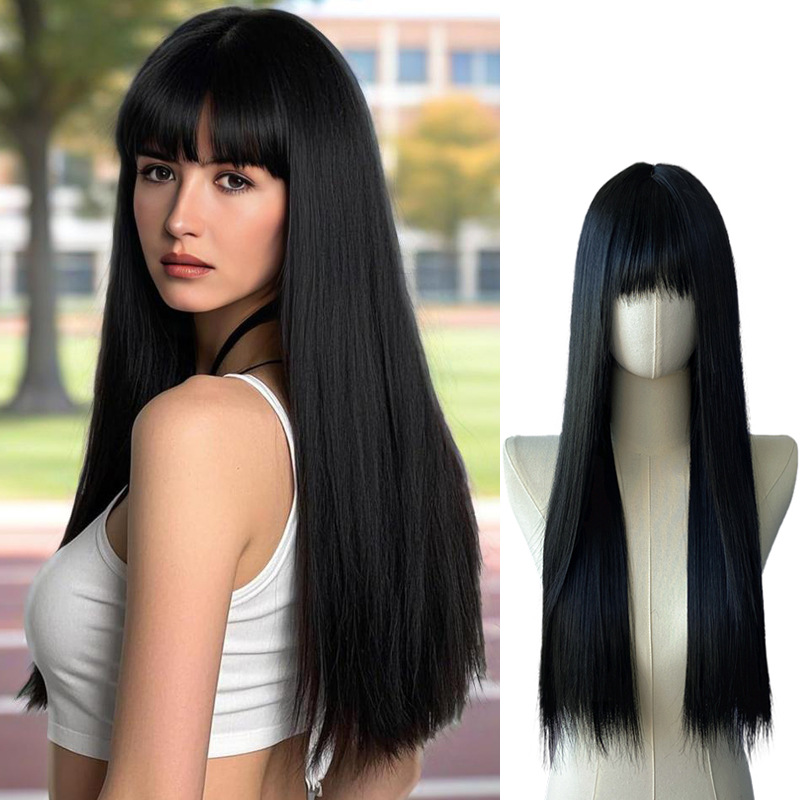 Long Straight Wig for Lady with Full Fringe Natural Looking Synthetic Hair Wig Straight Wigs Long Wigs Fashion Wig Lady Adjustable Breathable Cap Wig 68CM
