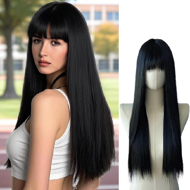 Long Straight Wig for Lady with Full Fringe Natural Looking Synthetic Hair Wig Straight Wigs Long Wigs Fashion Wig Lady Adjustable Breathable Cap Wig 68CM
