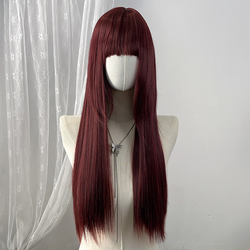 Long Straight Wig for Lady with Full Fringe Natural Looking Synthetic Hair Wig Straight Wigs Long Wigs Fashion Wig Lady Adjustable Breathable Cap Wig 68CM